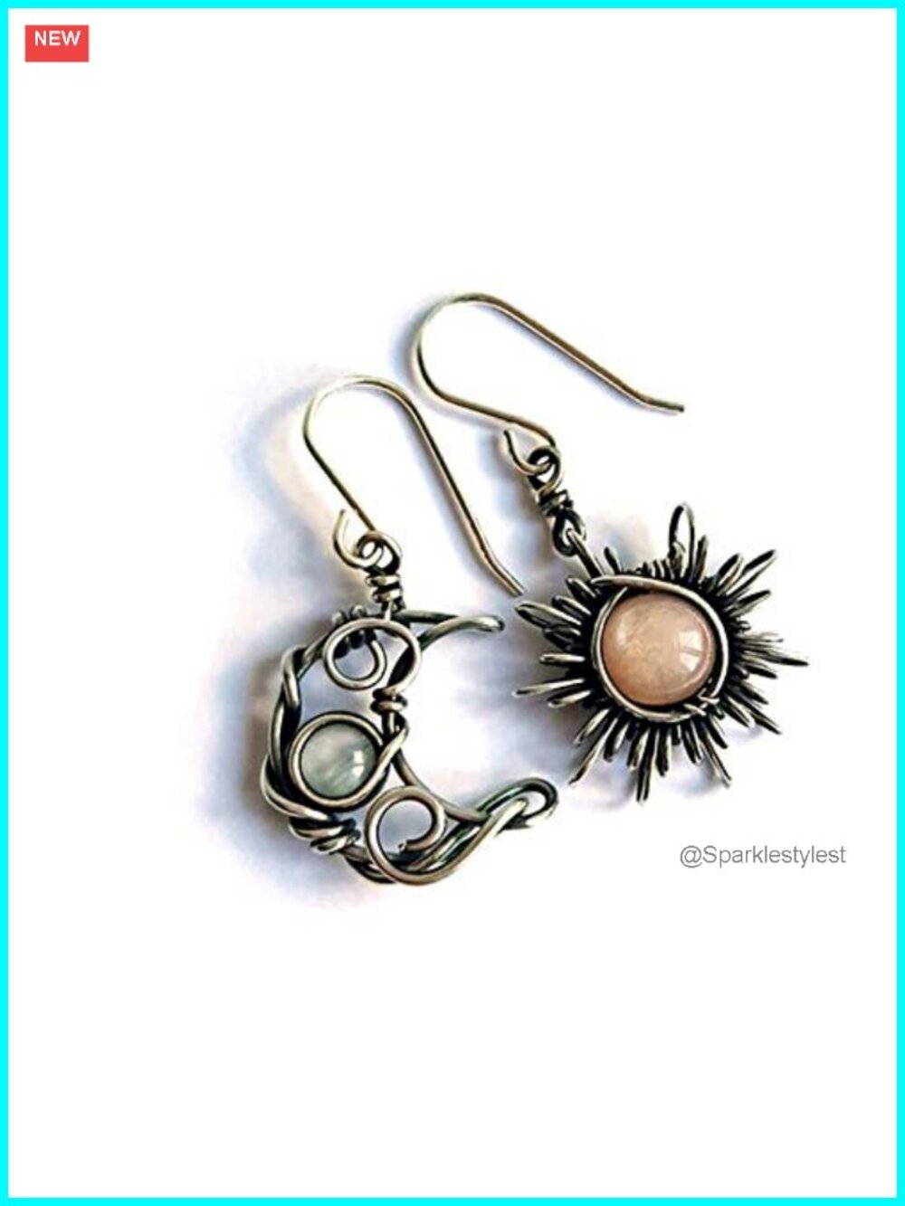 Boho Opal Sun Moon Dangle Earrings Asymmetrical Antiqued Silver Celestial